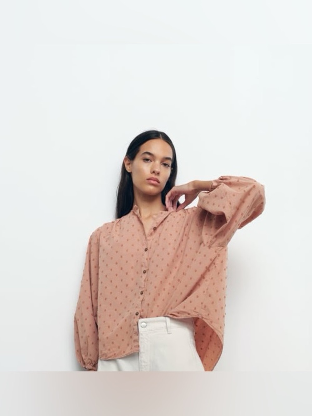 Zara Swiss Dot Blouse Medium Dusty Rose Pink Button Front Cotton Balloon Sleeve